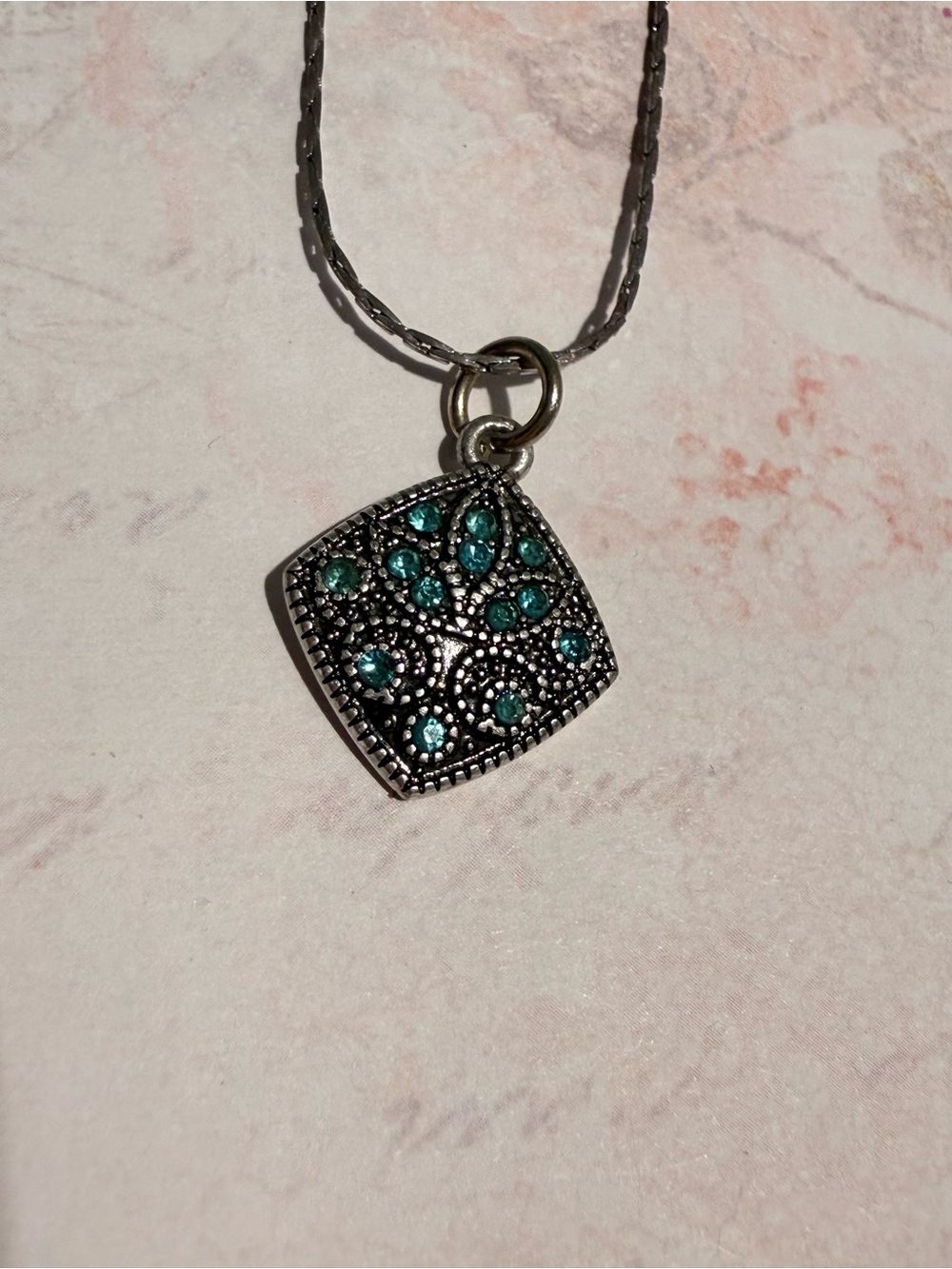 Vintage Square Pendant Necklace with Teal Crystals